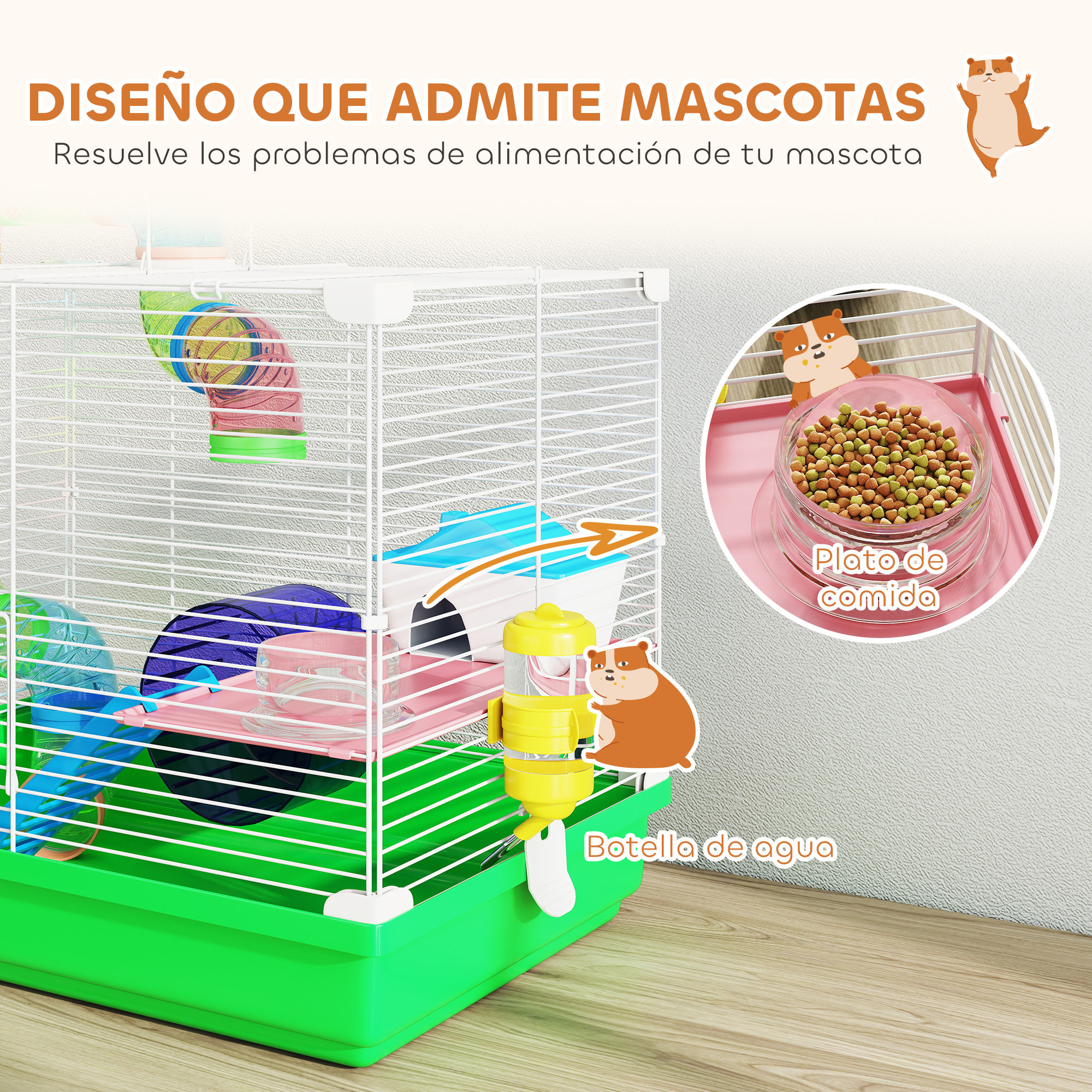 Jaula para Hámster, Casa para Hámster con Túnel, Cuenco, Bebedero, Casita, Rampa, Rueda de Ejercicio, Plataforma y Asa, Bandeja Extraíble, para Ratones y Jerbos, 46x30x37 cm, Verde