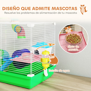 Jaula para Hámster, Casa para Hámster con Túnel, Cuenco, Bebedero, Casita, Rampa, Rueda de Ejercicio, Plataforma y Asa, Bandeja Extraíble, para Ratones y Jerbos, 46x30x37 cm, Verde