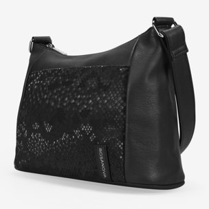 Bolso bandolera negro con bolsillo con grabado de serpiente