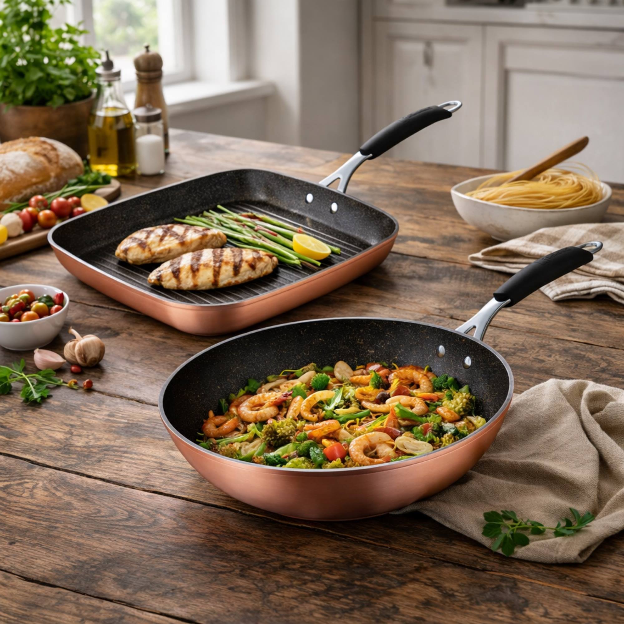 Set de sartén grill 28x28cm + wok ø28cm en aluminio forjado con revestimiento ilag essential