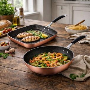 Set de sartén grill 28x28cm + wok ø28cm en aluminio forjado con revestimiento ilag essential