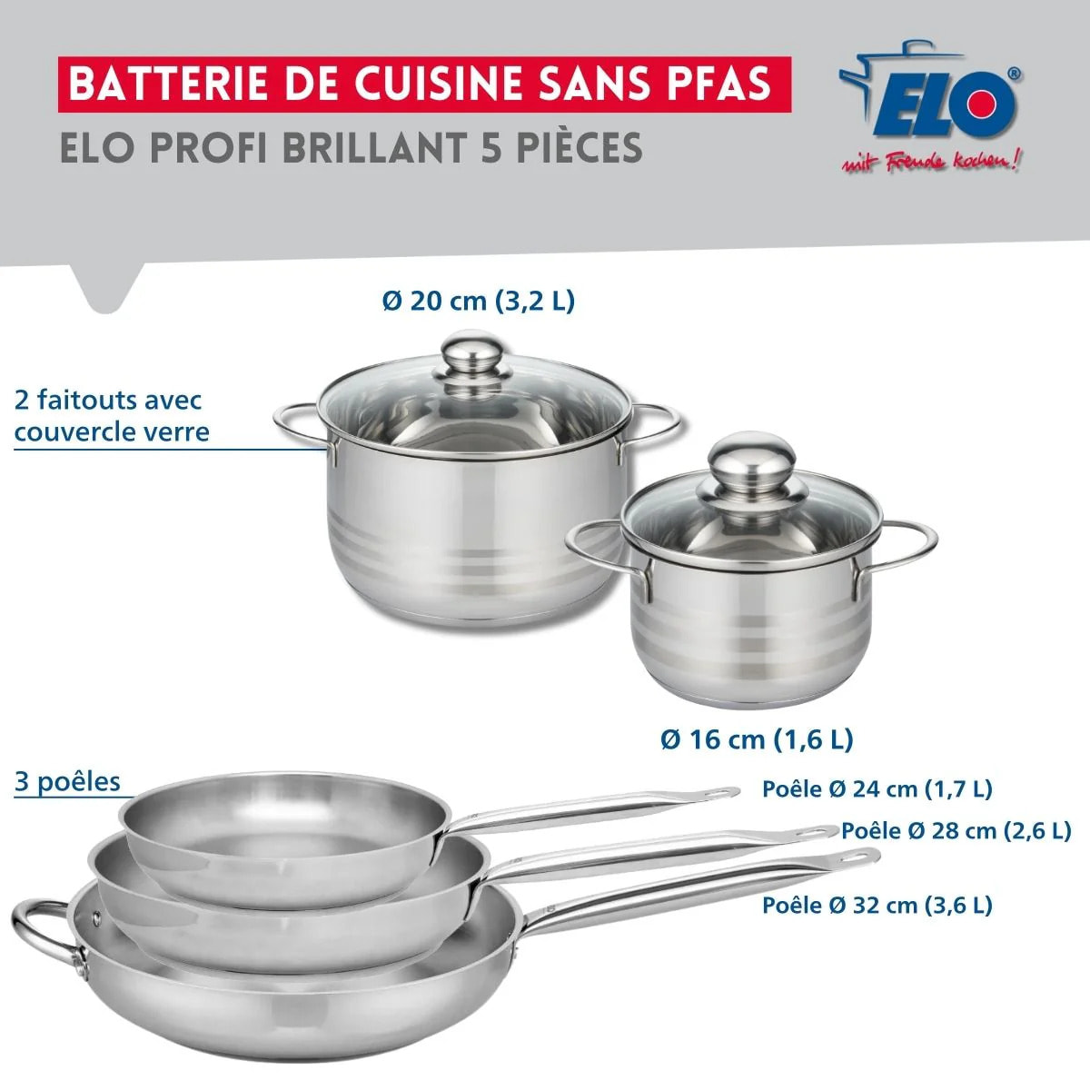 Ensemble de 3 Poêles de cuisson 24, 28 et 32 cm et 2 faitouts 16 et 20 cm Elo Profi Brillant