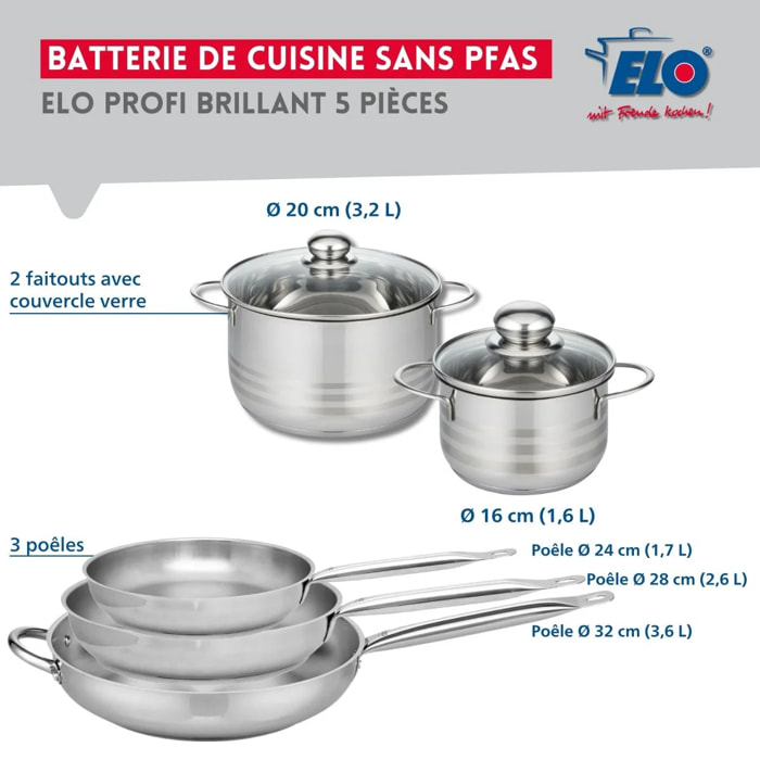 Ensemble de 3 Poêles de cuisson 24, 28 et 32 cm et 2 faitouts 16 et 20 cm Elo Profi Brillant