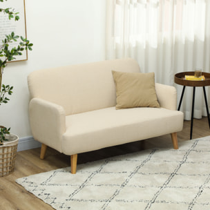 Canapé 2 places style scandinave - canapé droit fixe - piètement bois hévéa tissu beige
