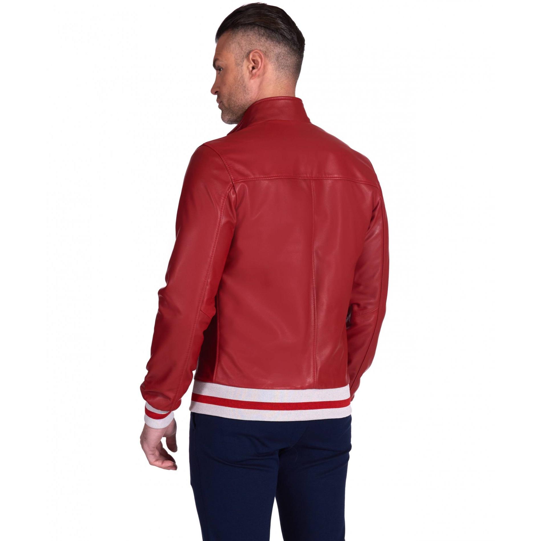 Giubbotto bomber in pelle nappa rossa collo coreana