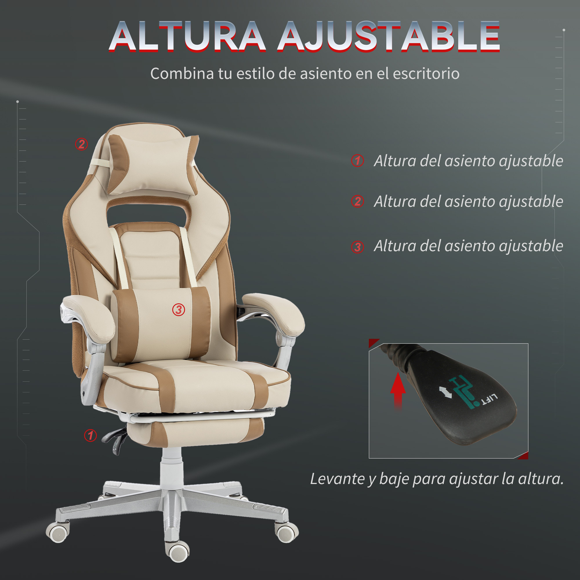 Silla Gaming, Silla Gamer Reclinable, con Altura Ajustable, Reposapiés Retráctil, Soporte Lumbar y Reposacabezas Desmontable, para Oficina, Estudio, Crema