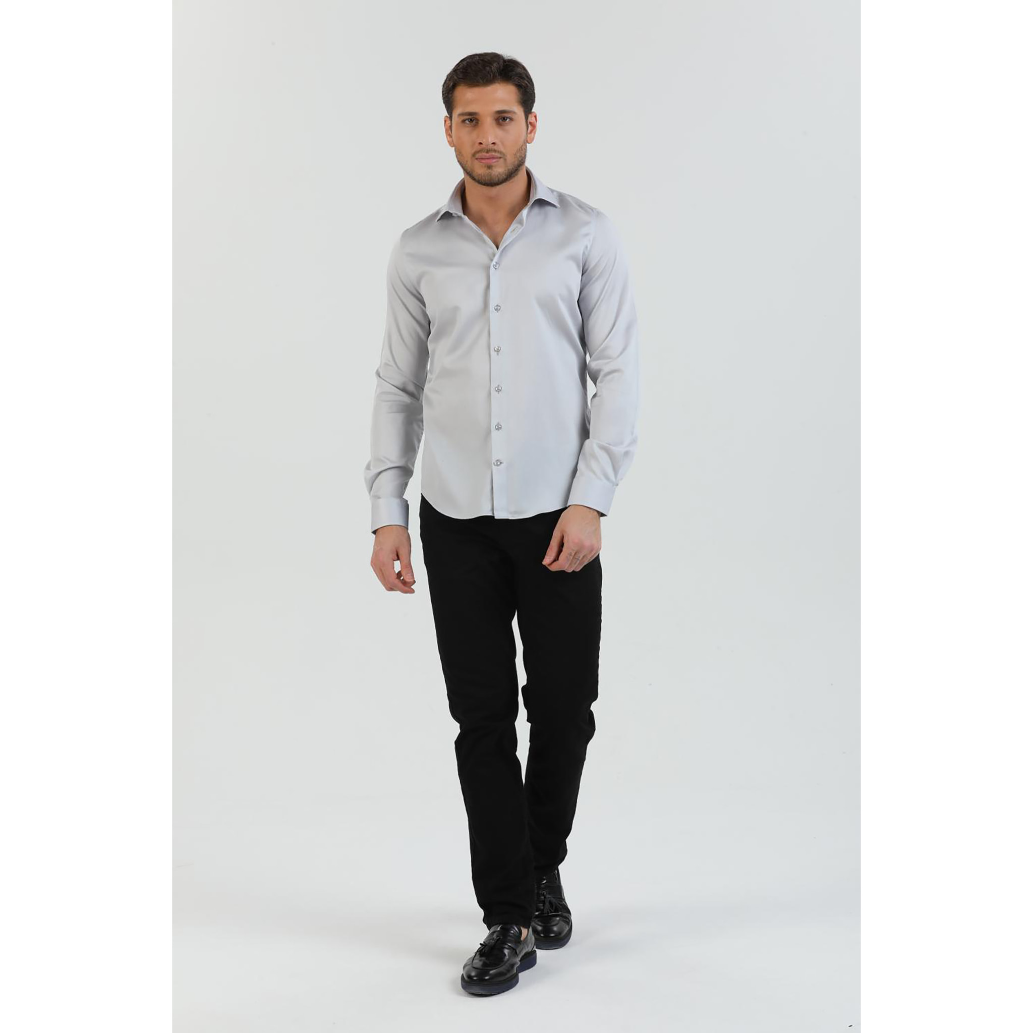 Camicia Uomo 1 Bottone Francese Slim Satin Unito Grigio