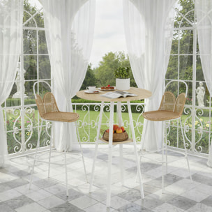 Mesa Alta Cocina Redonda con Estante de Almacenamiento, Mesa Alta Bar Moderna para 2 Personas con Marco de Metal para Salón y Comedor, 55x55x95 cm, Madera Natural y Blanco