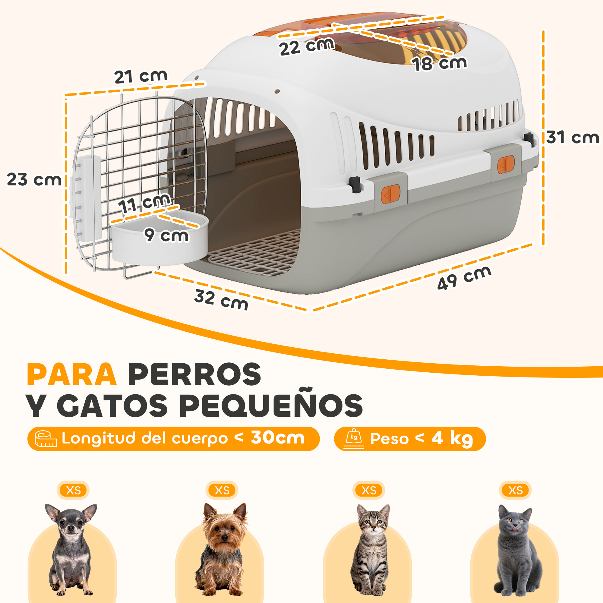 Transportín para Gatos y Perros Pequeños, Caja de Transporte de Plástico, Carga 4 kg, con Claraboya, Cuenco, Puerta de Acero, Cerradura Triple, Base Elevada, 49x32x31 cm, Gris Claro