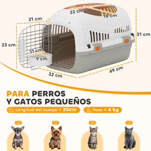 Transportín para Gatos y Perros Pequeños, Caja de Transporte de Plástico, Carga 4 kg, con Claraboya, Cuenco, Puerta de Acero, Cerradura Triple, Base Elevada, 49x32x31 cm, Gris Claro