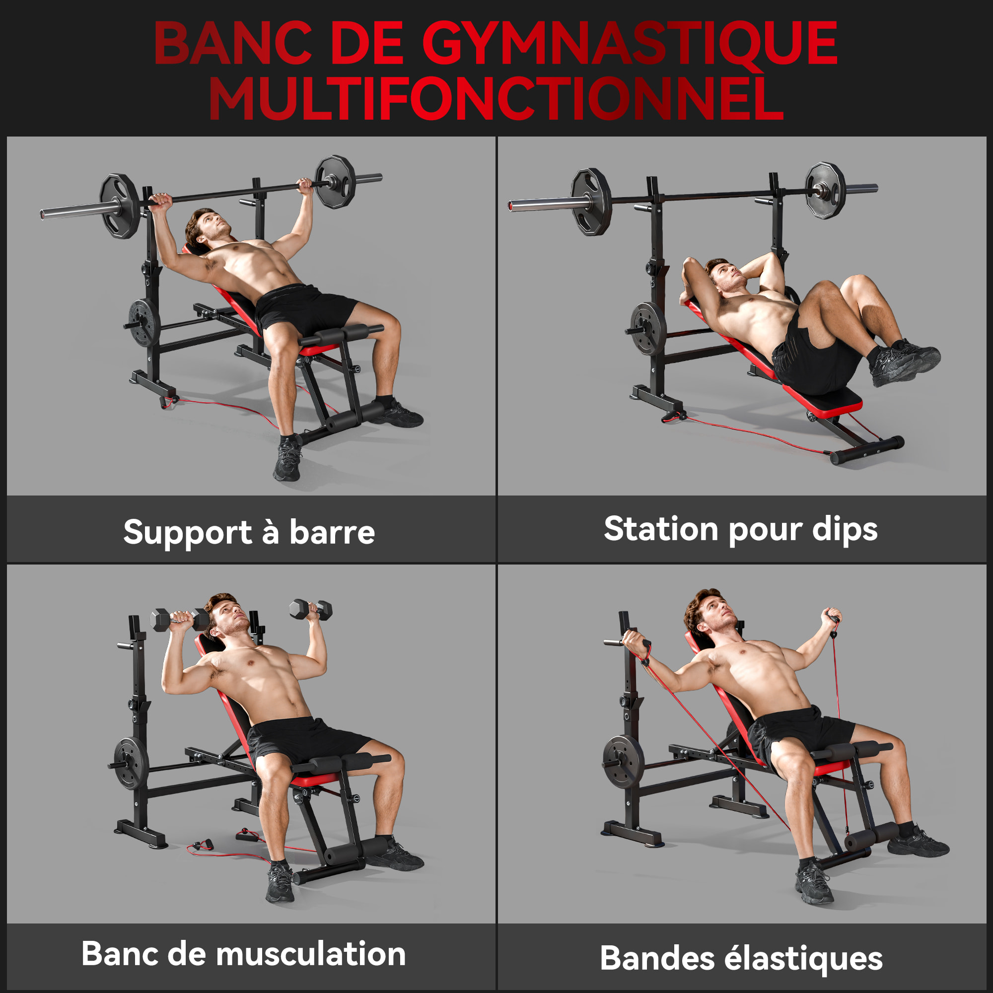Banc de musculation réglable - support de barre, poignées à dips, bandes de résistance - rouge noir