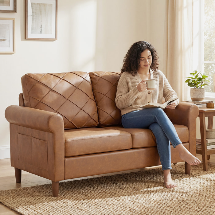 Sofá de 2 Plazas, Sofá Moderno, Tapizado en PU, Cojín Grueso, Respaldo con Costuras, Asiento Amplio, Patas de Madera Maciza para Salón, Dormitorio y Oficina, 134x71x82 cm, Marrón