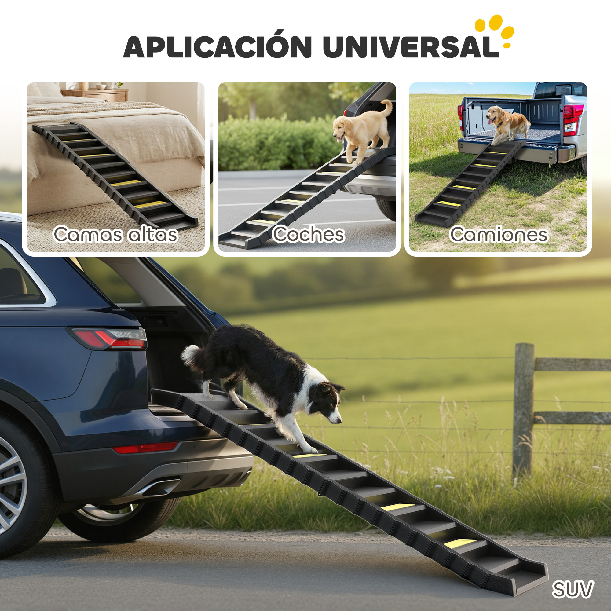 Rampa para Perros Plegable, 154 cm, Rampa para Perros para Coche y Cama Alta con 10 Escalones Antideslizantes, Ligera y Resistente, Carga 68 kg, para Sofá, Negro