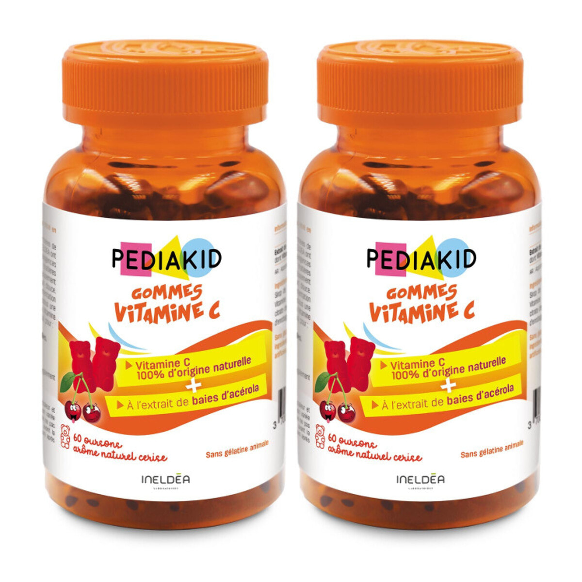 PEDIAKID - Gommes Vitamine C - Formule Naturelle au Délicieux Arôme de Cerise - Contribue à Réduire la Fatigue - Soutient le Métabolisme Énergétique et les Défenses de l'Organisme - Lot de 2 piluliers