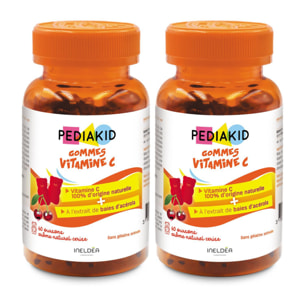 PEDIAKID - Gommes Vitamine C - Formule Naturelle au Délicieux Arôme de Cerise - Contribue à Réduire la Fatigue - Soutient le Métabolisme Énergétique et les Défenses de l'Organisme - Lot de 2 piluliers