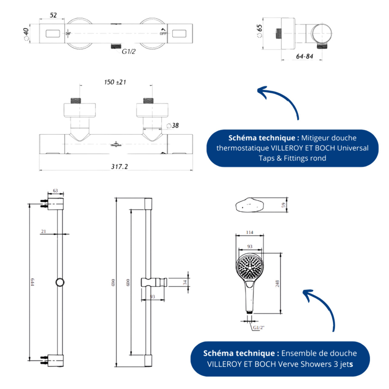 Mitigeur douche thermostatique Universal rond + Ensemble de douche Verve Showers 3 jets chromé