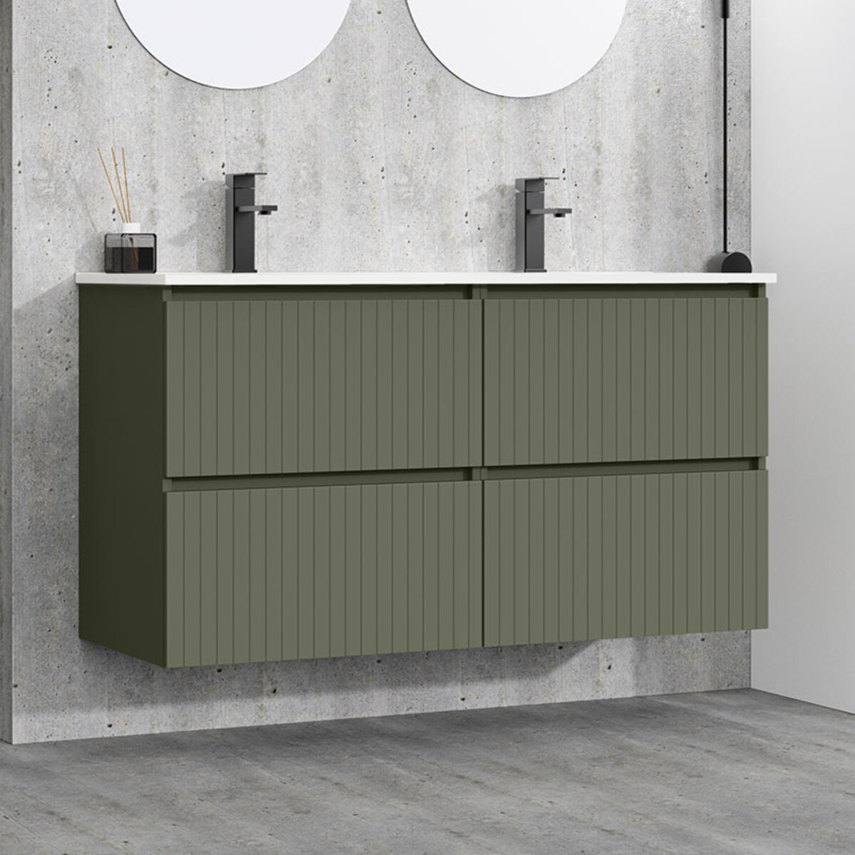 Conjunto de Baño Miya | Mueble de Baño Suspendido | 120 cm Verde Musgo| Cuatro Cajones | Lavabo Encastrado | No incluye Espejo | Alday
