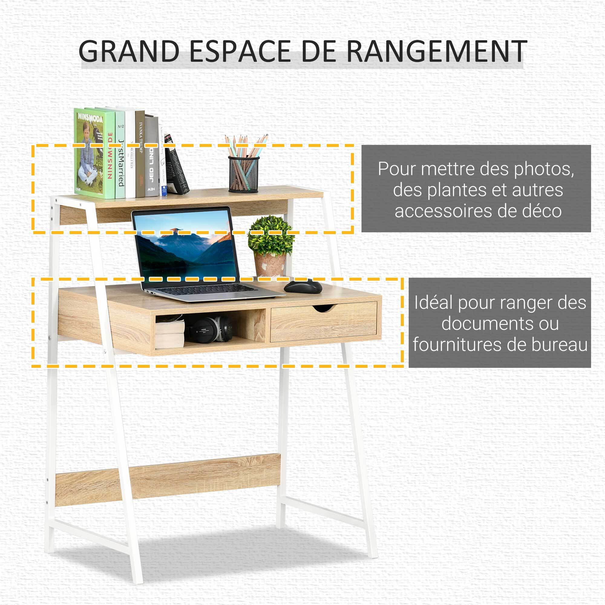 Bureau secrétaire bureau informatique style néo-rétro tiroir niche étagère métal blanc aspect chêne clair