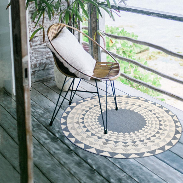 Tapis d'extérieur rond et  Reversible, tapis de grand diamètre blanc et bleu