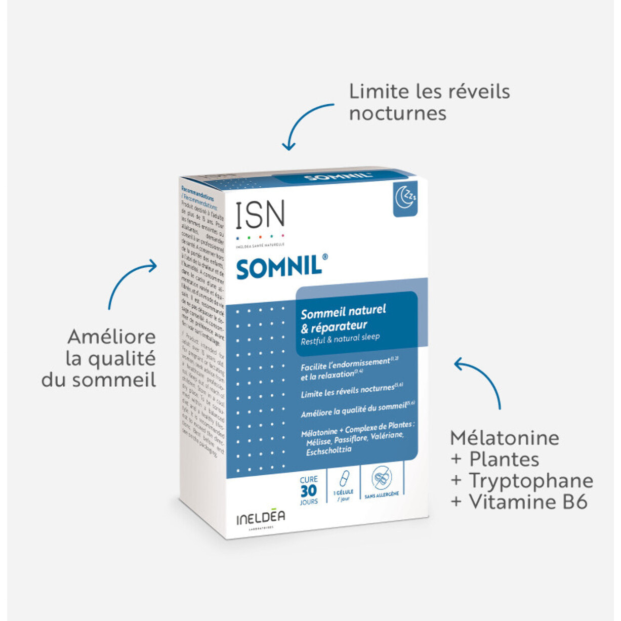 ISN - Somnil - Complément alimentaire - Mélatonine, plantes, vit.B6 - Facilite l'endormissement - Améliore le sommeil - Cure 30 jours