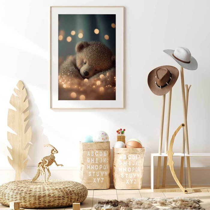 Affiche enfant mon nounours endormi  Affiche + cadre en bois - Chêne