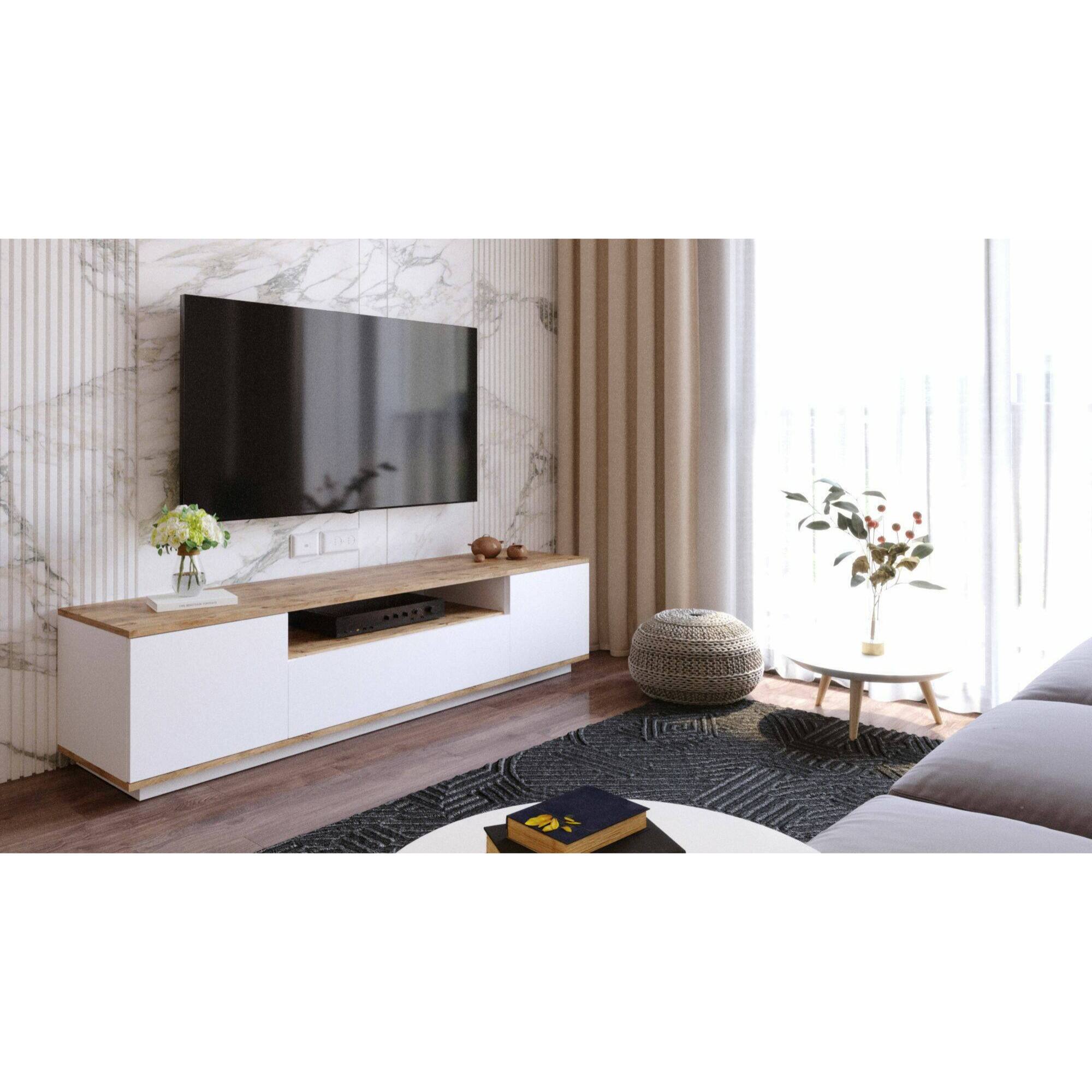 Mobile porta TV Asellina, Credenza da soggiorno, Armadio basso per TV, Base parete attrezzata, 180x45h45 cm, Quercia e Bianco