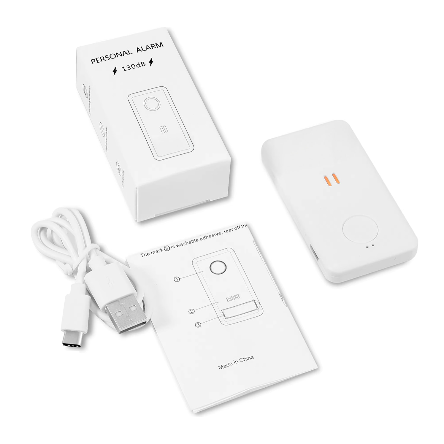 Alarma SOS personal con sonido de 130dB. Batería recargable con hasta 90 minutos de sonido continuo.