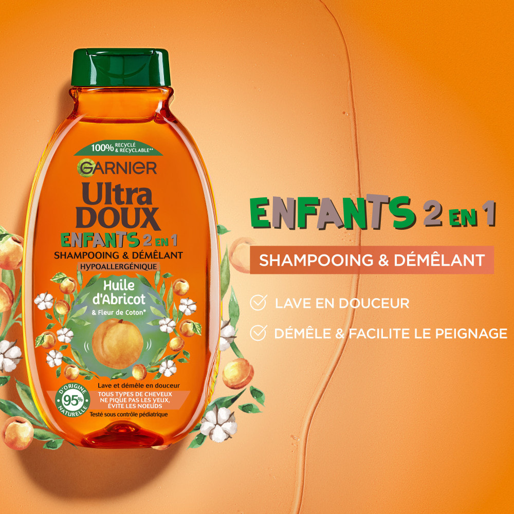 Lot de 12 - Garnier Ultra Doux Huile d'Abricot & Fleur de Coton Enfants 2-en-1 Shampooing & Démêlant 300ml