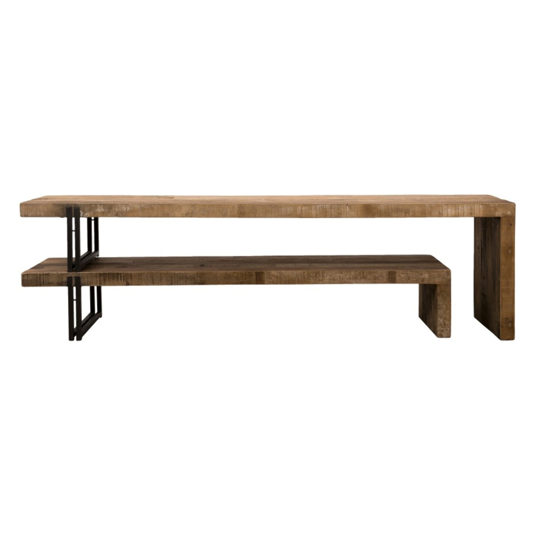 SIXTINE - Meuble TV marron 2 niveaux bois Teck recyclé et métal noir
