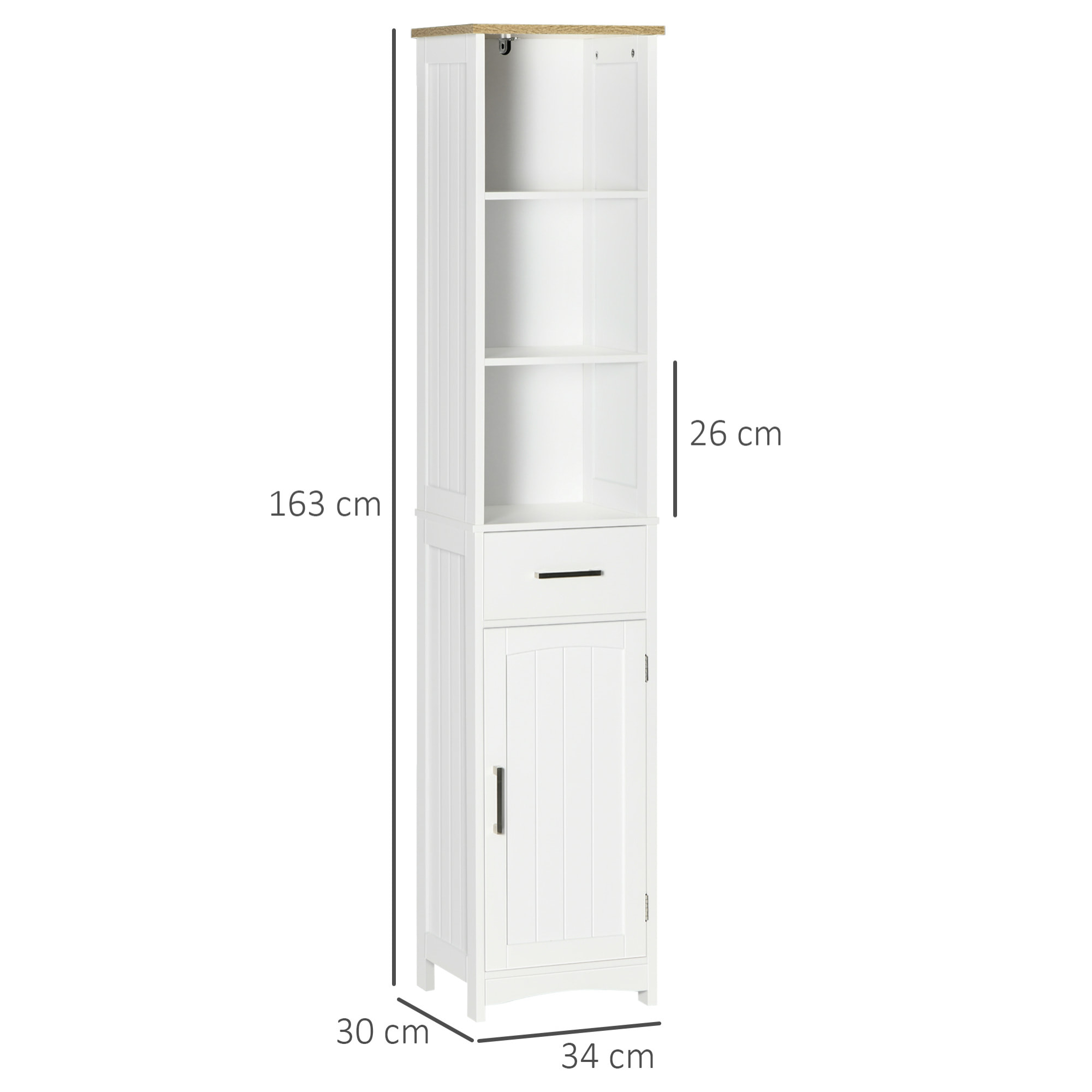 kleankin Armario de Baño con 1 Cajón 1 Puerta 3 Estantes Abiertos y Balda Interior Ajustable Mueble Auxiliar de Almacenaje para Salón Aseo Dormitorio 34x30x163 cm Blanco