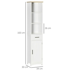 kleankin Armario de Baño con 1 Cajón 1 Puerta 3 Estantes Abiertos y Balda Interior Ajustable Mueble Auxiliar de Almacenaje para Salón Aseo Dormitorio 34x30x163 cm Blanco