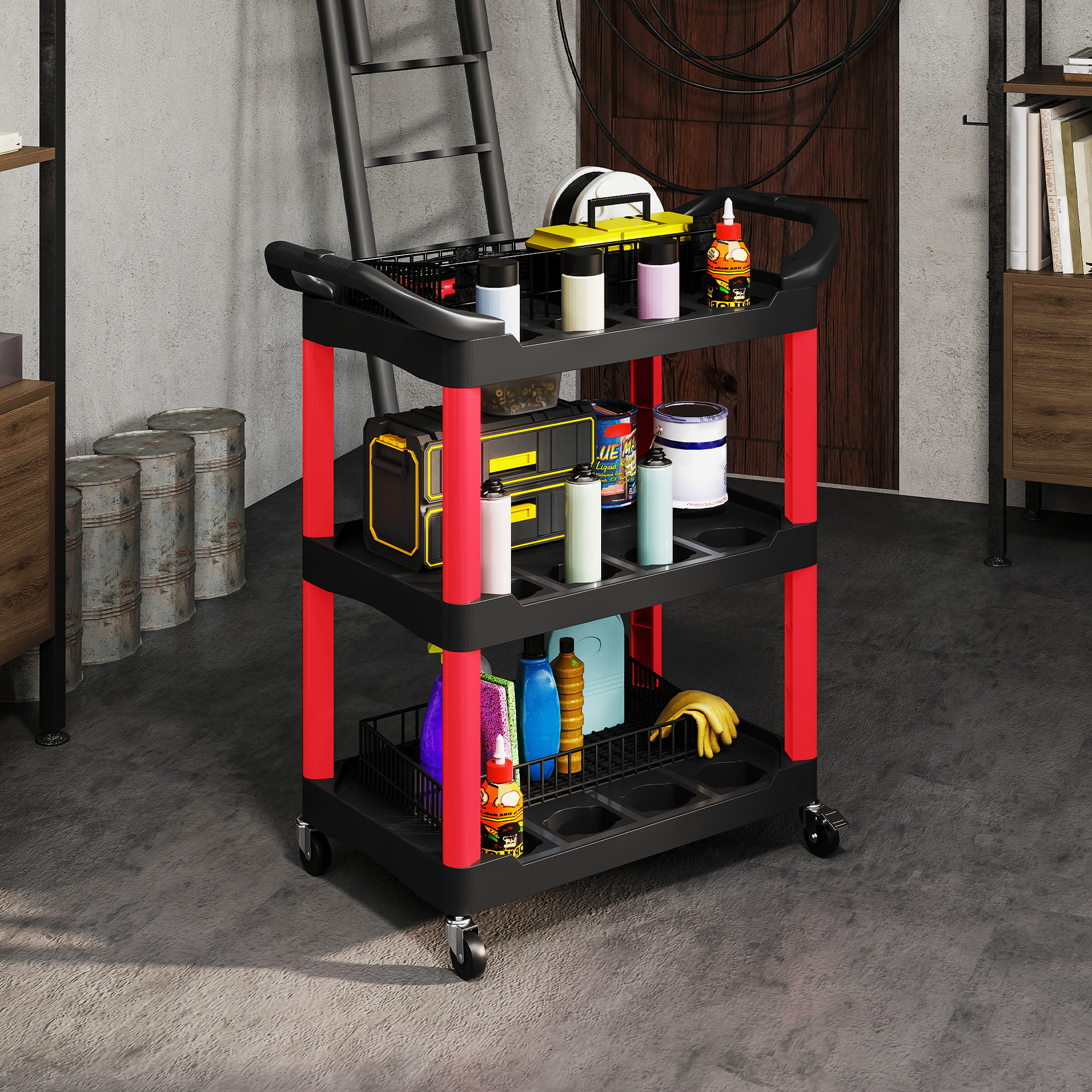Servante chariot à outils 3 niveaux 12 espaces 2 poignées latérales max. 91 Kg plastique rouge noir