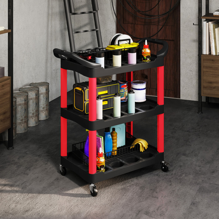 Servante chariot à outils 3 niveaux 12 espaces 2 poignées latérales max. 91 Kg plastique rouge noir