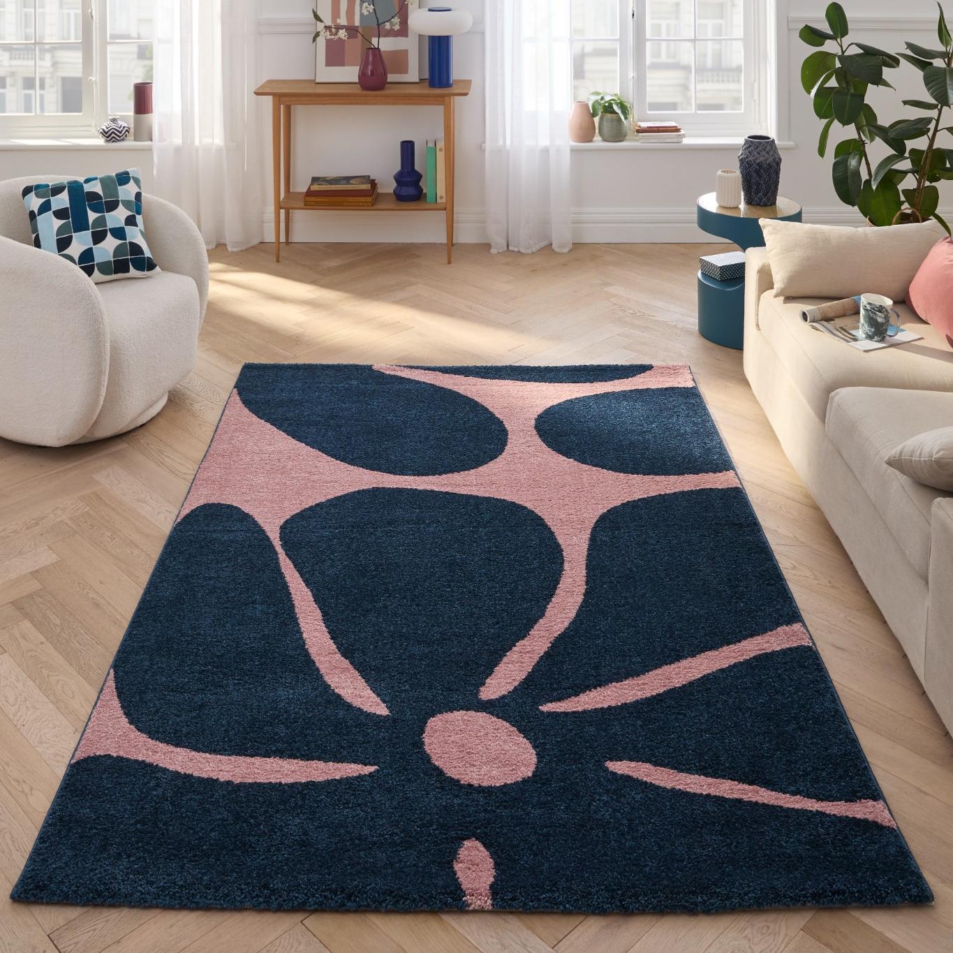 GROOVY - Tapis rétro coloré à motif fleur - Confortable et moelleux - Bleu