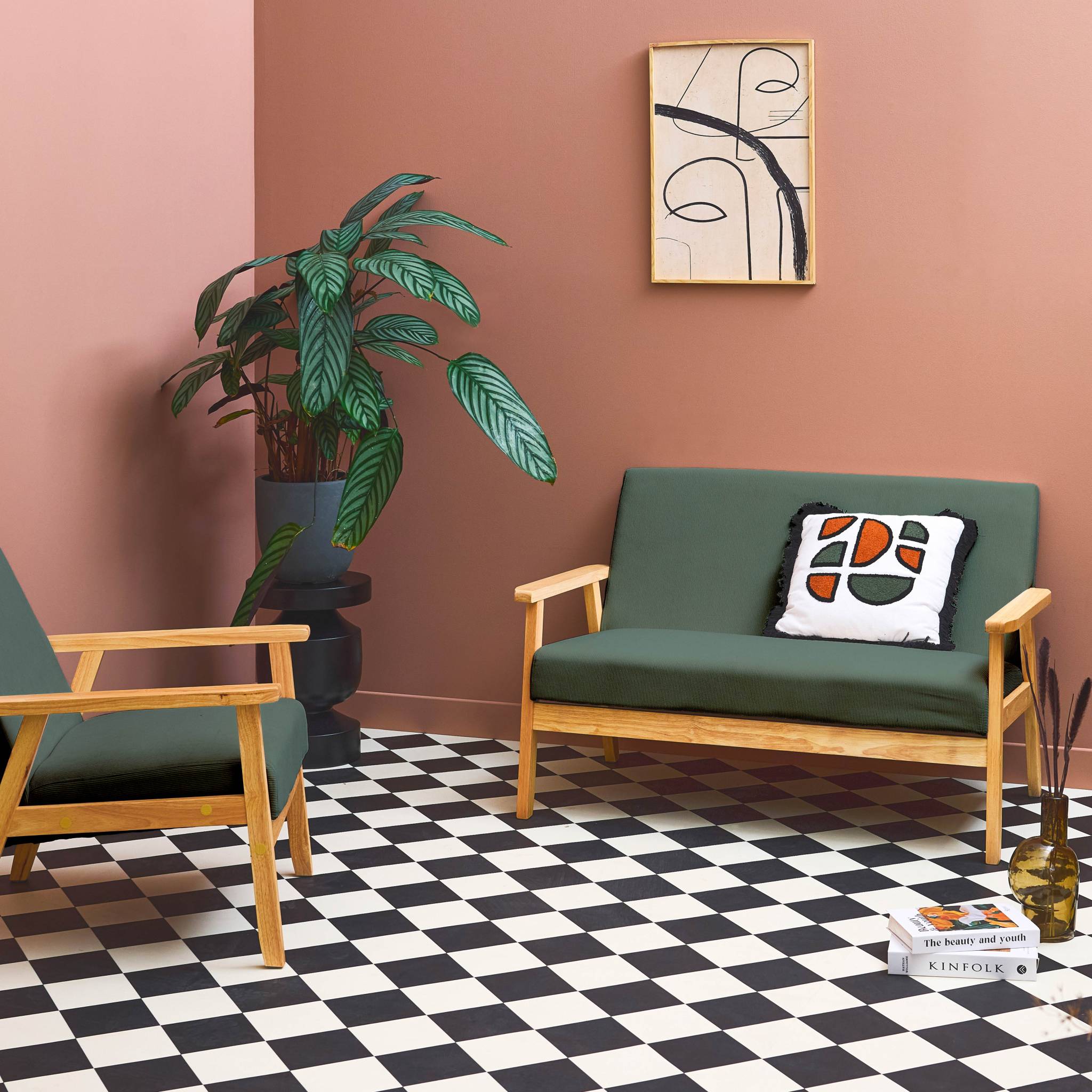 Banquette + fauteuil 3 places bois d'hévéa velours côtelé ISAK