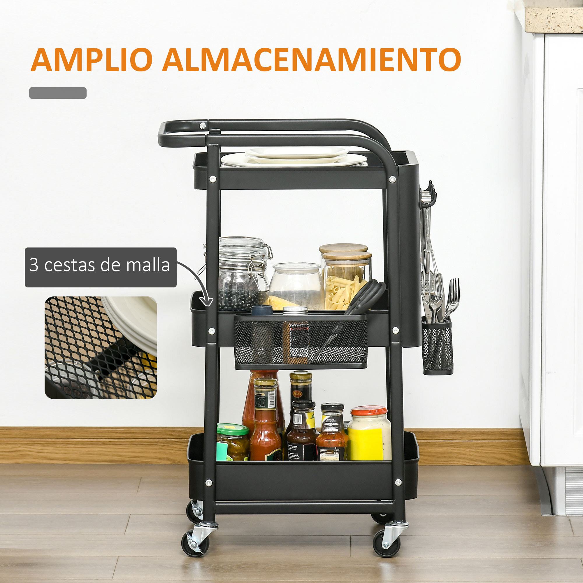 HOMCOM Carrito de Cocina de Acero con Ruedas Carro de Almacenamiento de 3 Niveles 4 Ganchos Asa 2 Cestas Colgantes y Frenos para Baño Salón Dormitorio 51,5x32x75,6 cm Negro