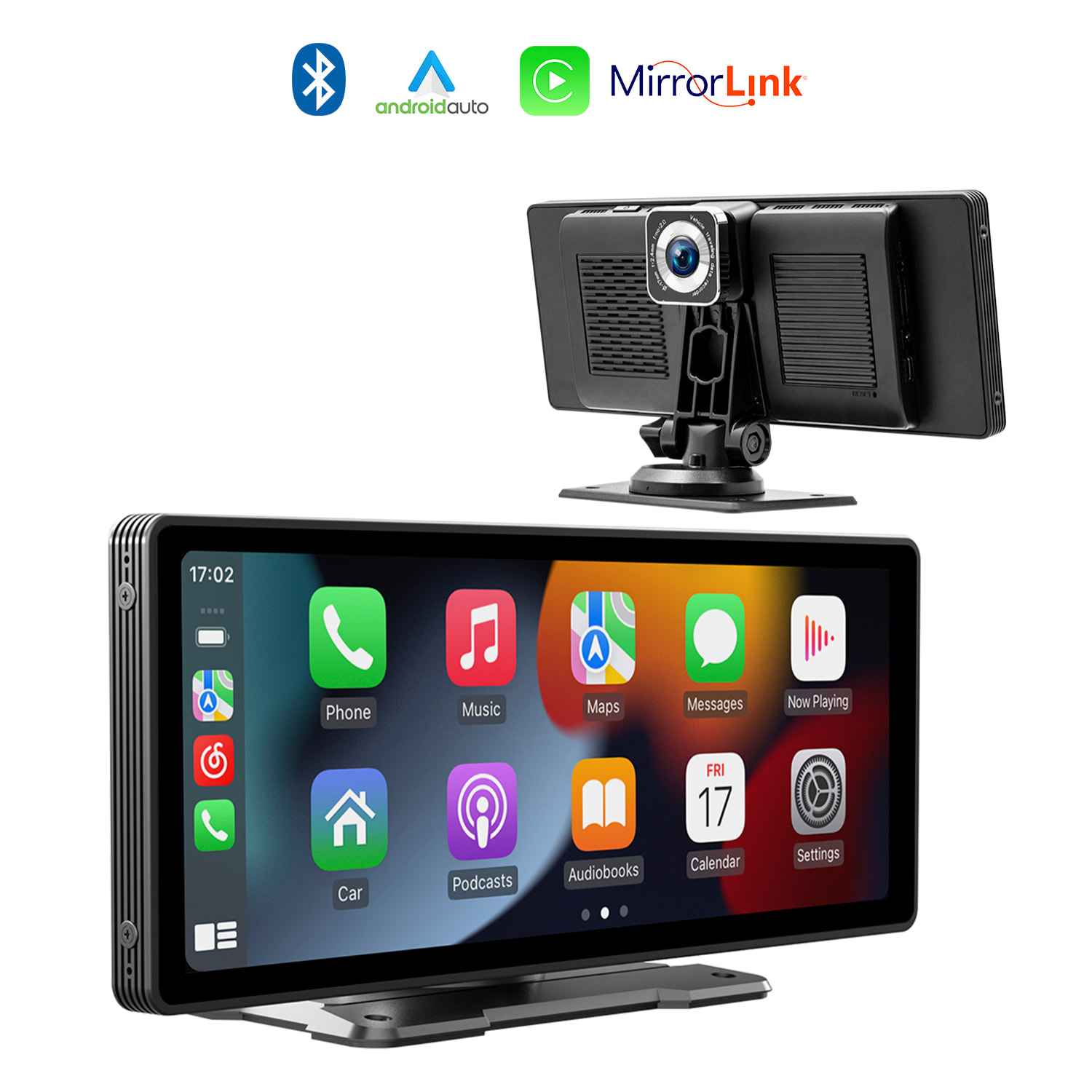 DAM Pantalla táctil B5303R para coche 10,2" HD. Android Auto/Car Play inalámbrico. Bluetooth MP5 con Mirror Link, dashcam frontal + trasera 12 LED. 24,45x2,5x9,8 Cm. Color: Negro