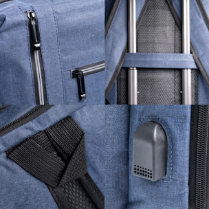 Zaino da cabina multiscomparto, porta laptop 17". Adattabile a Trolley. Presa USB esterna nascosta.