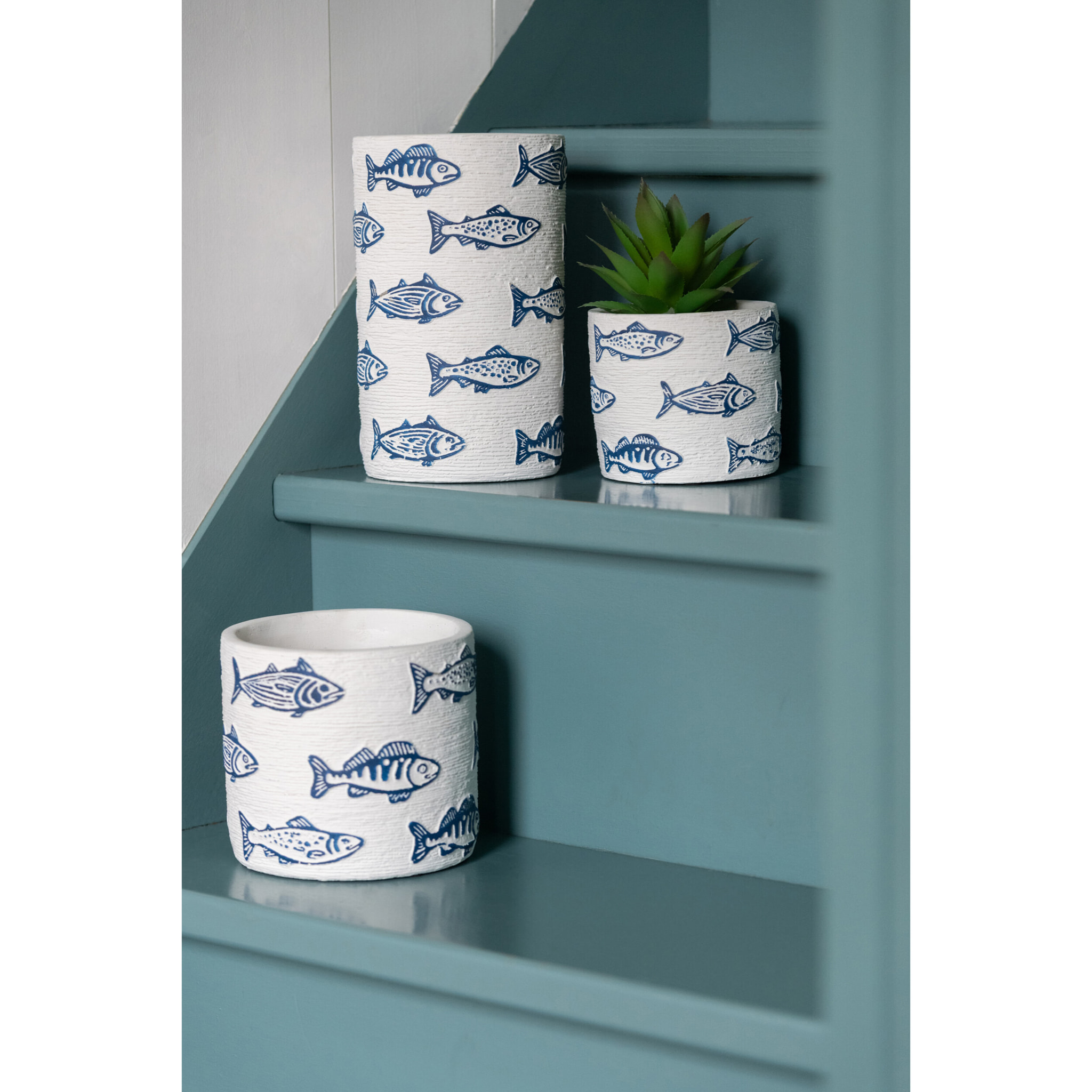 J-Line Cache-pot Poisson Rond - céramique - blanc/bleu - medium