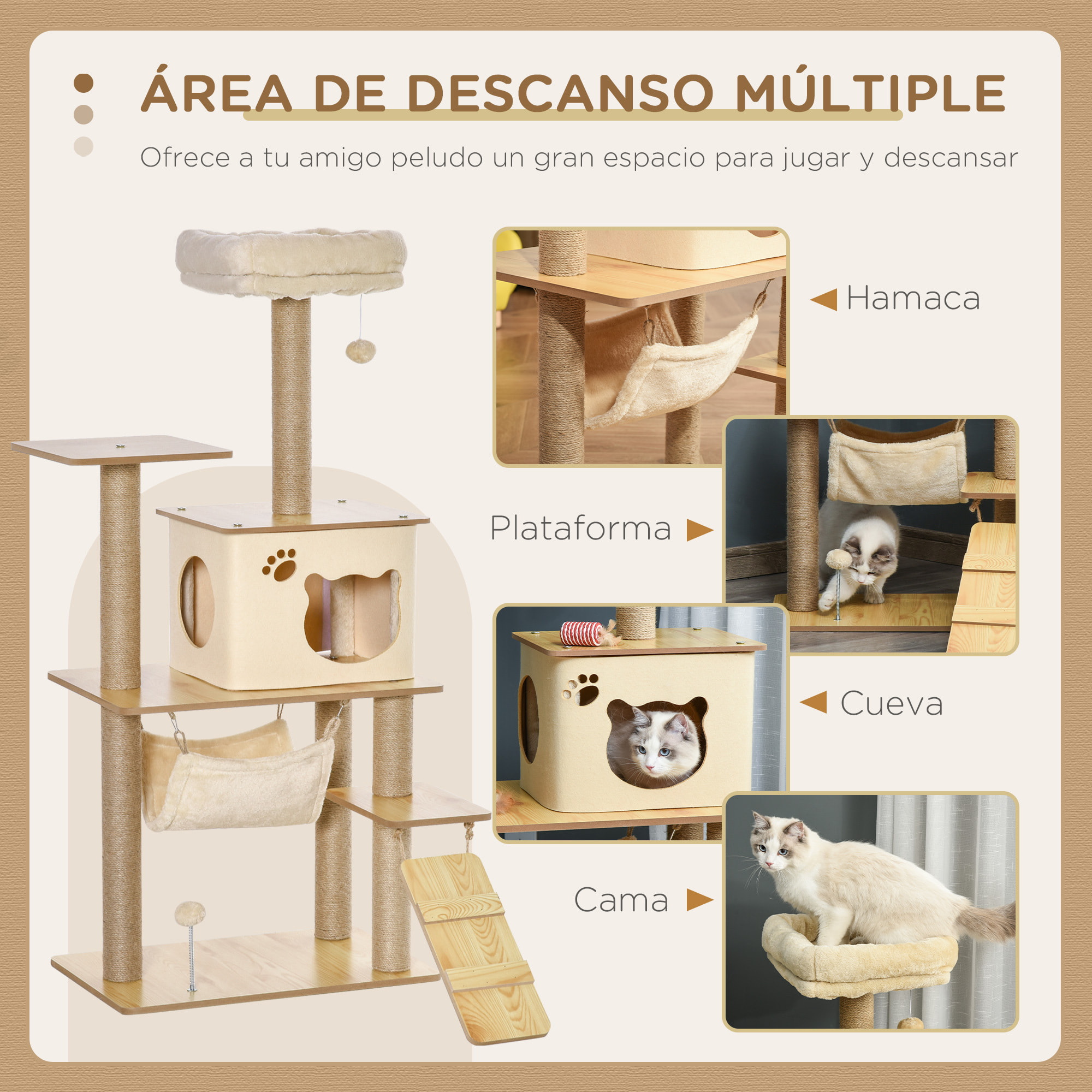 árbol Rascador para Gatos Torre de Escalada con Plataformas Hamaca Escalera Cueva Postes para Rascar de Yute Bola Colgante Juego y Descanso 60x40x130 cm Beige
