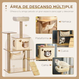 árbol Rascador para Gatos Torre de Escalada con Plataformas Hamaca Escalera Cueva Postes para Rascar de Yute Bola Colgante Juego y Descanso 60x40x130 cm Beige