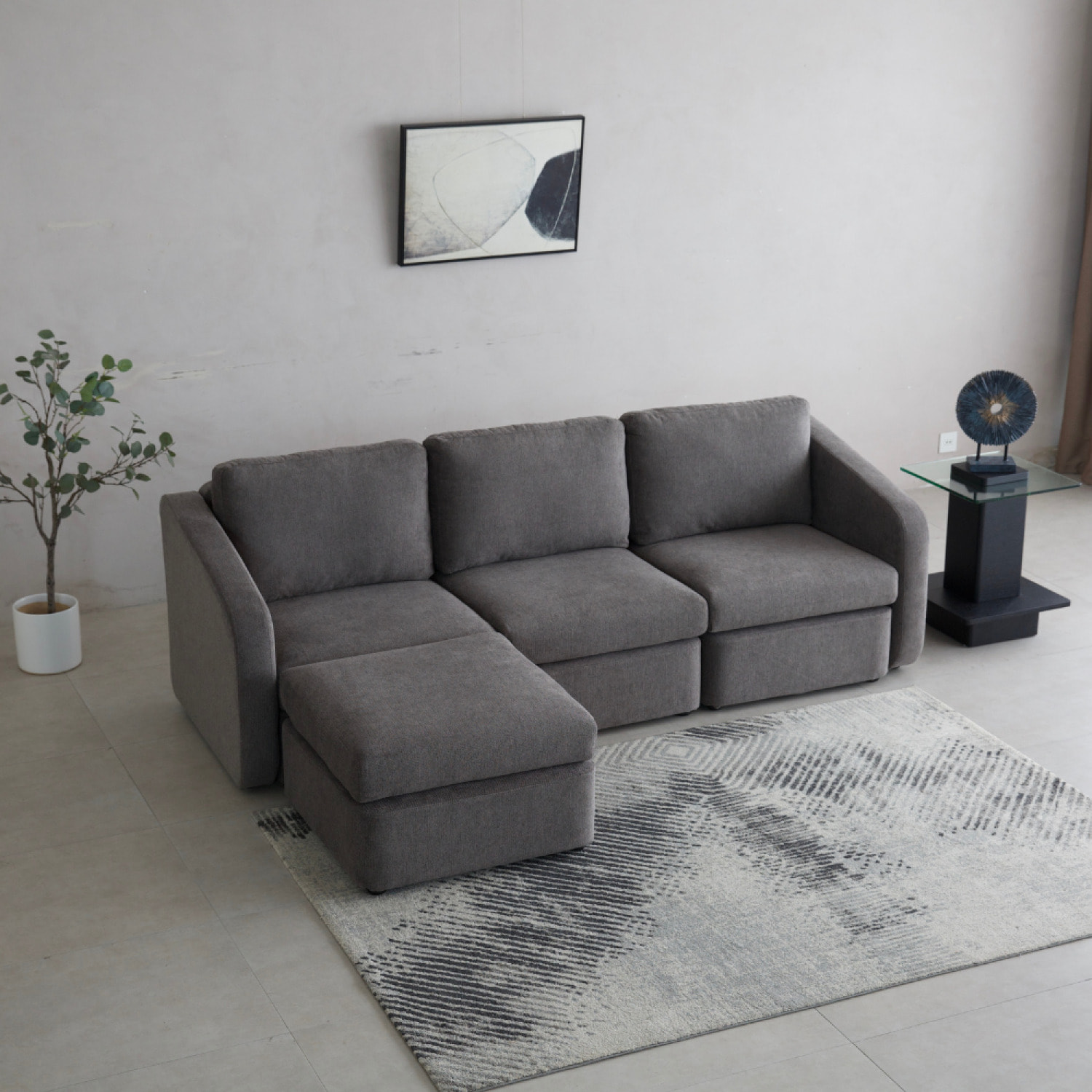 GALEGO Canapé modulable 3 places gris foncé avec pouf
