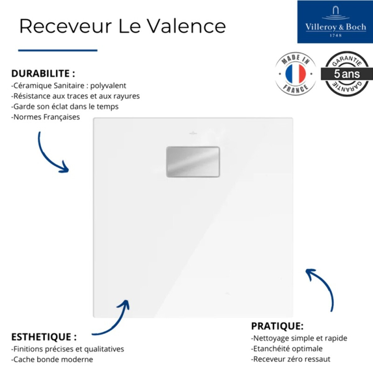 Receveur zero ressaut Le Valence blanc céramique avec cache-bonde