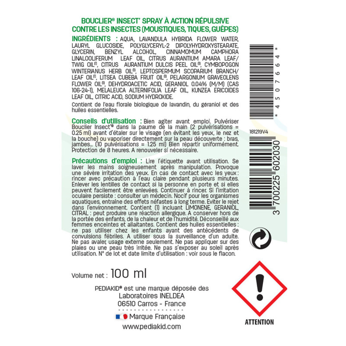 PEDIAKID - Bouclier Insect'- Spray Répulsif aux Huiles Essentielles - Contre les moustiques, tiques et guêpes - Dès 3 mois - Lot de 2 Flacons 100ml