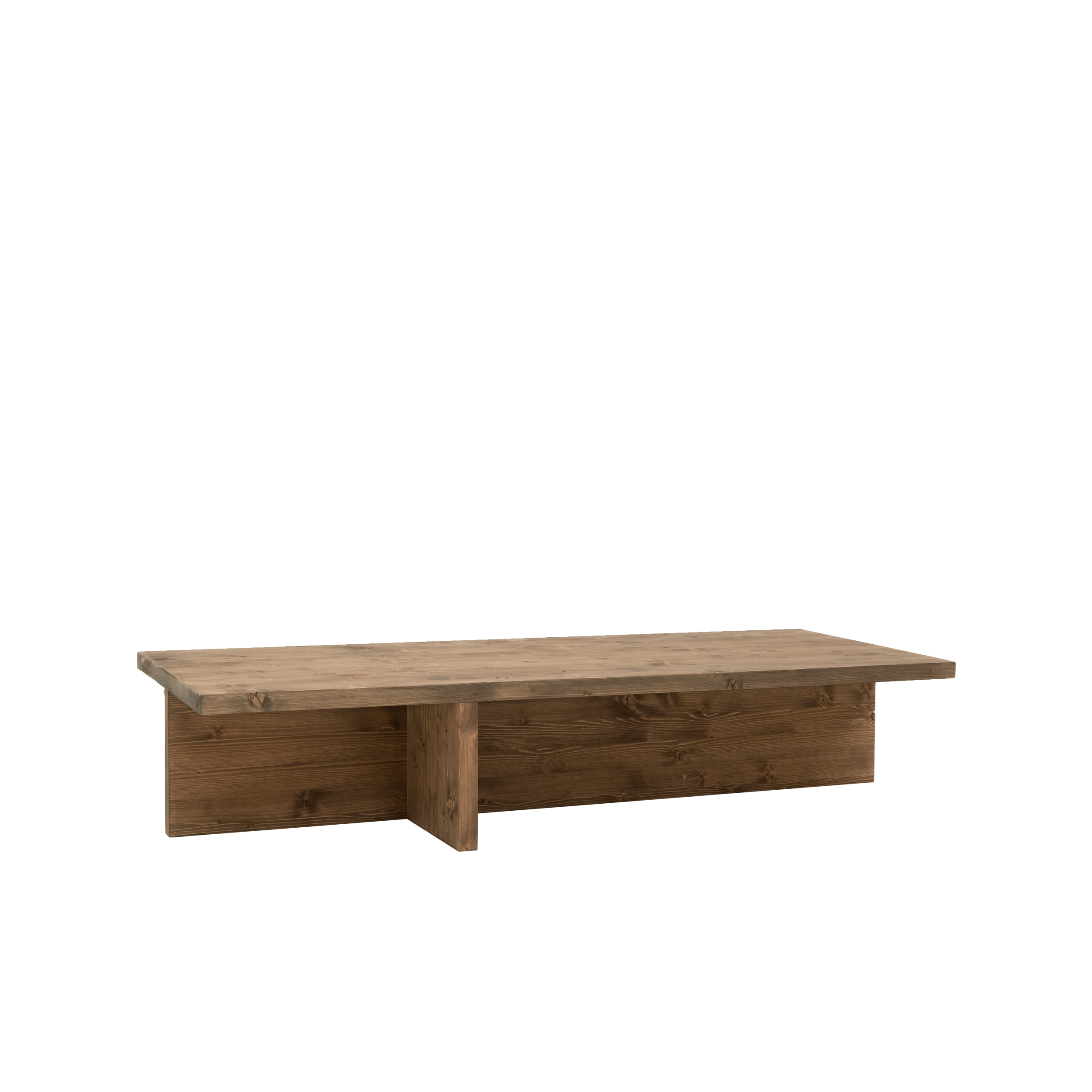 Mesa de centro de madera maciza en tono roble oscuro de 123,5x27cm Alto: 27 Largo: 123.5 Ancho: 46.6