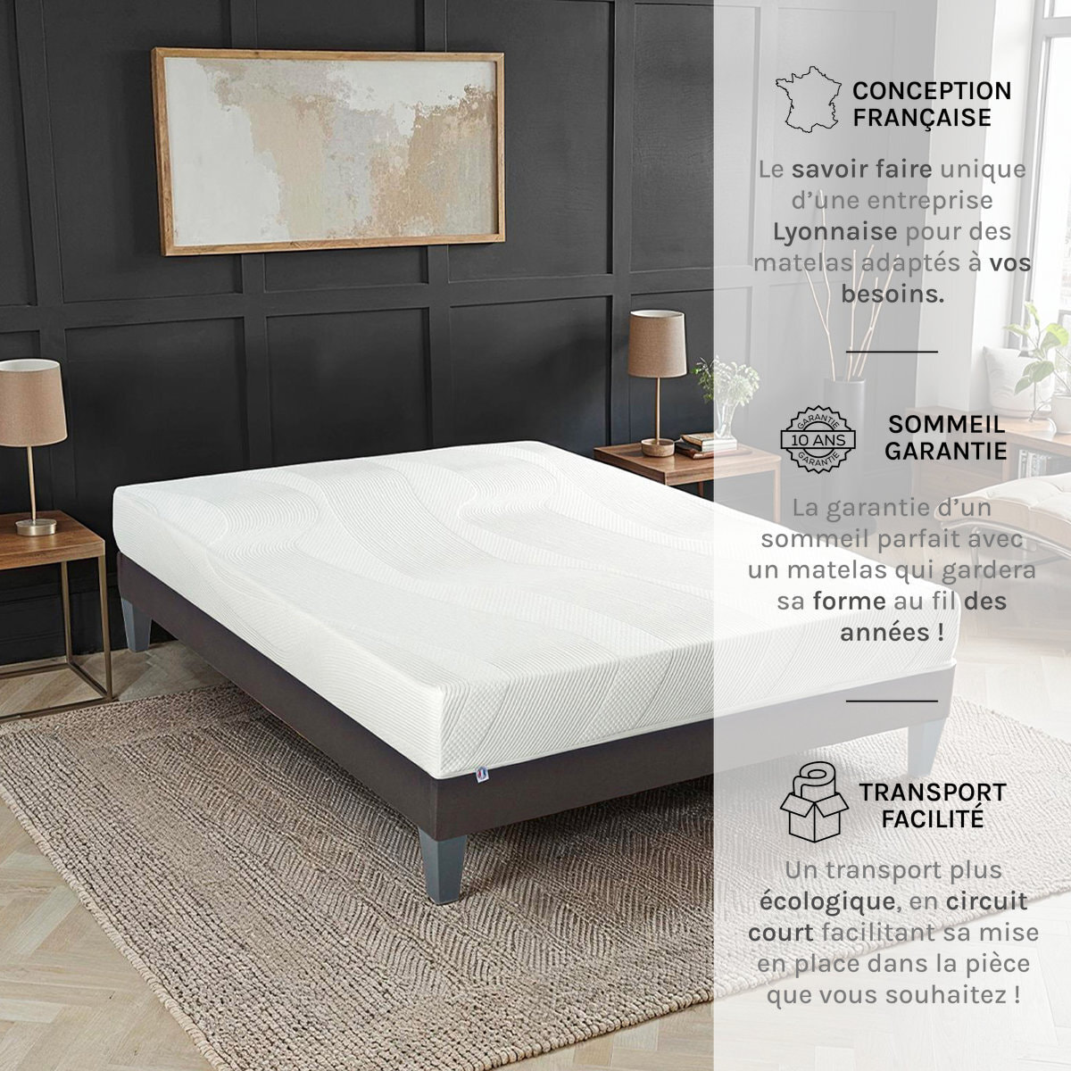 Ensemble Matelas Paris & Sommier KIT15, 24 cm, Mémoire de Forme, technologie Tri-Lattes, Soutien Ferme