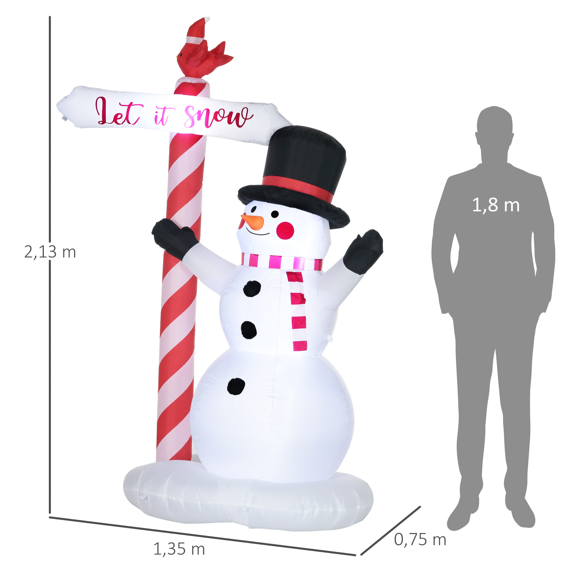 Bonhomme de neige gonflable avec pancarte 3 LED, décoration gonflable de Noël pour l'extérieur et l'intérieur, hauteur 213 cm, polyester imperméable, blanc