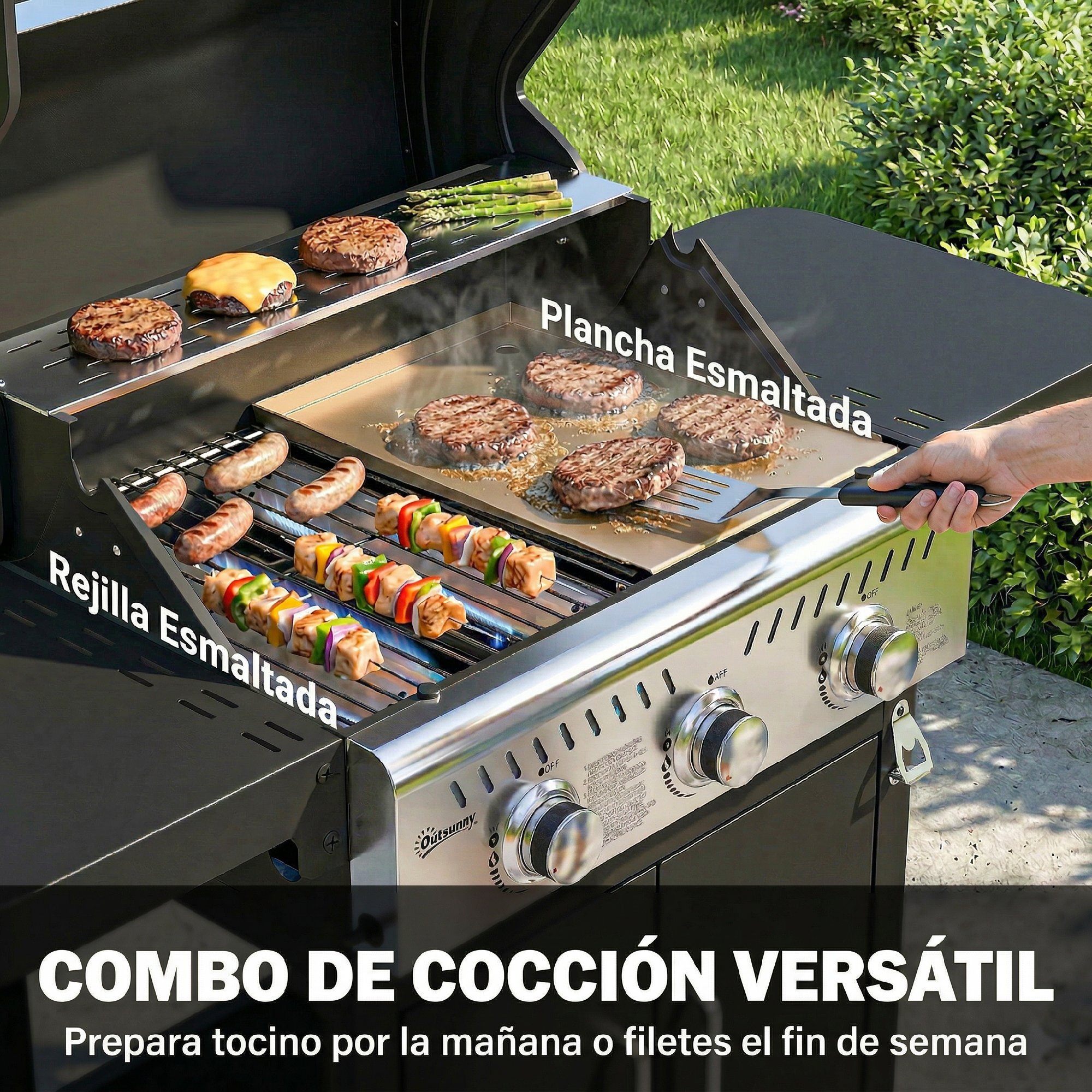 Barbacoa de Gas BBQ Gas Portátil con 3 Quemadores 7,5 kW Termómetro Mesas Laterales Plegables Armario Rejilla Calentadora Parrilla Plancha Tapa con Ventana Recogedor y Recipiente Grasa Ruedas