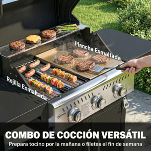 Barbacoa de Gas BBQ Gas Portátil con 3 Quemadores 7,5 kW Termómetro Mesas Laterales Plegables Armario Rejilla Calentadora Parrilla Plancha Tapa con Ventana Recogedor y Recipiente Grasa Ruedas