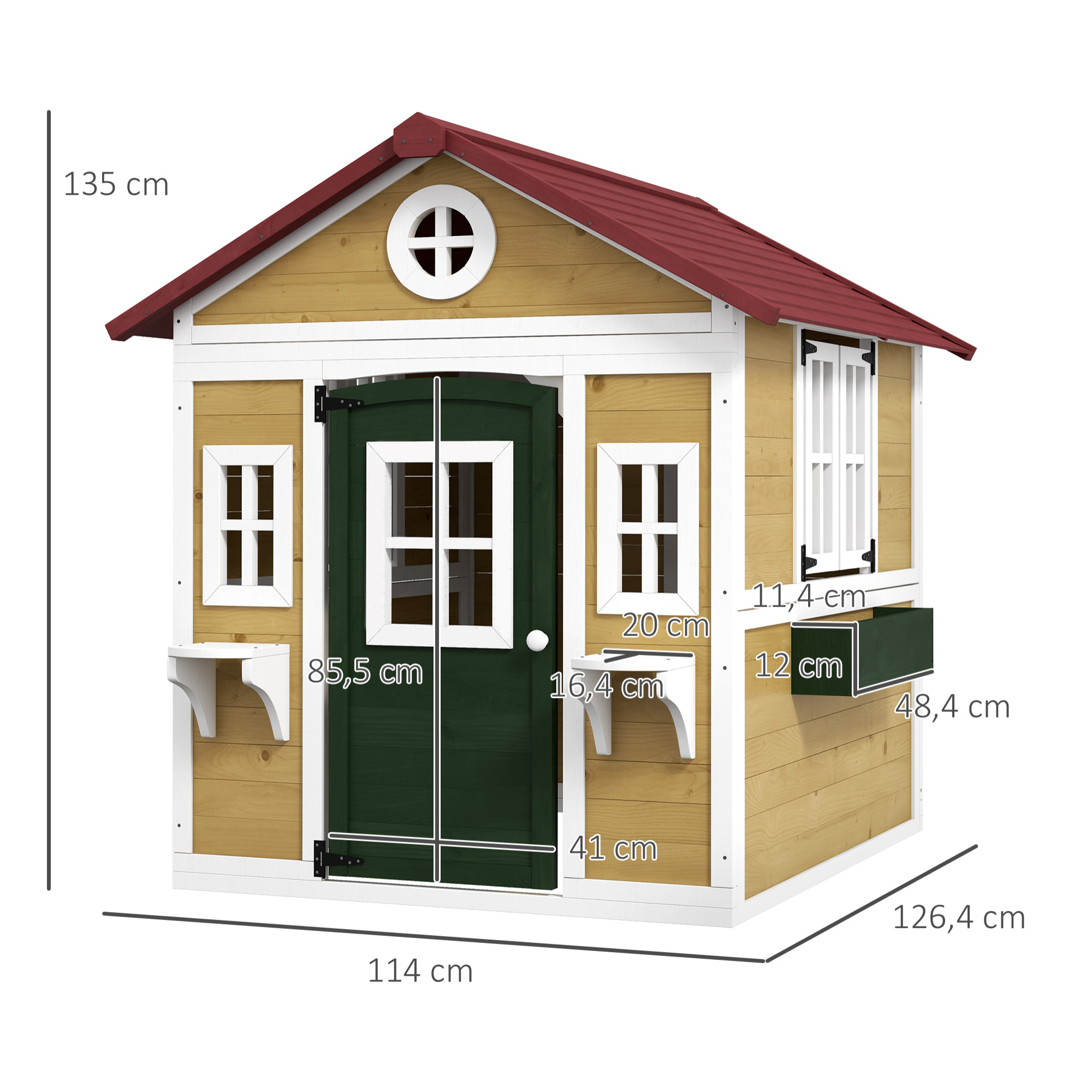 Casa de Jardín Infantil Casa de Madera para Niños con Puerta Ventanas Jardineras y Soportes de Flores 114x126,4x135 cm Madera Natural
